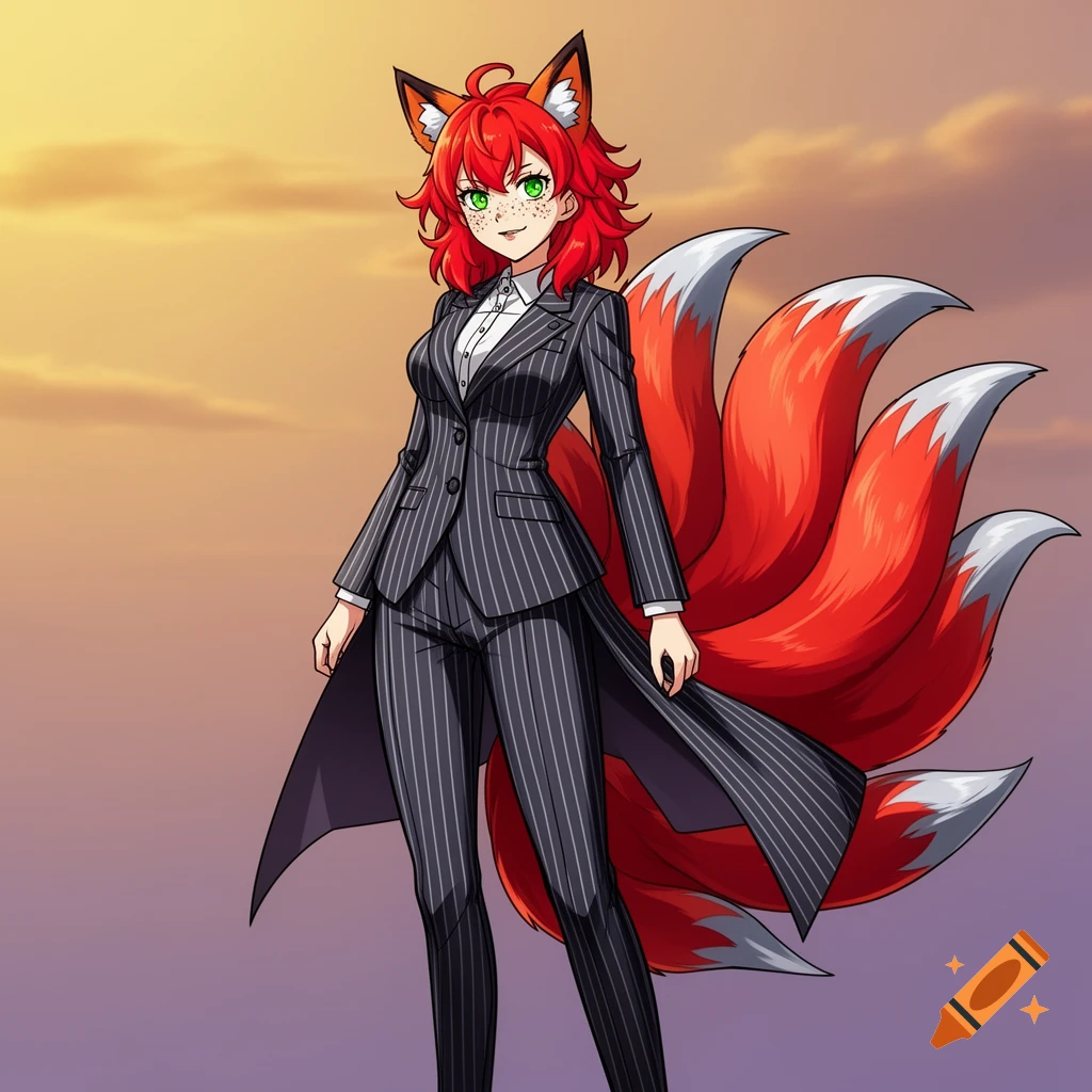 Anime redhead kitsune in a pinstripe suit with fox ears and multiple red-orange tails, against a purple and orange sky.