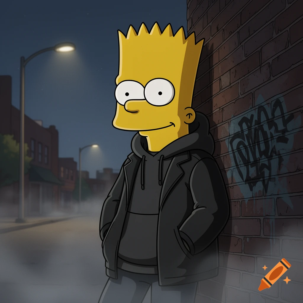 Bart Simpson, a yellow cartoon character, leans against a brick wall with graffiti at night, wearing a dark hoodie and jacket.