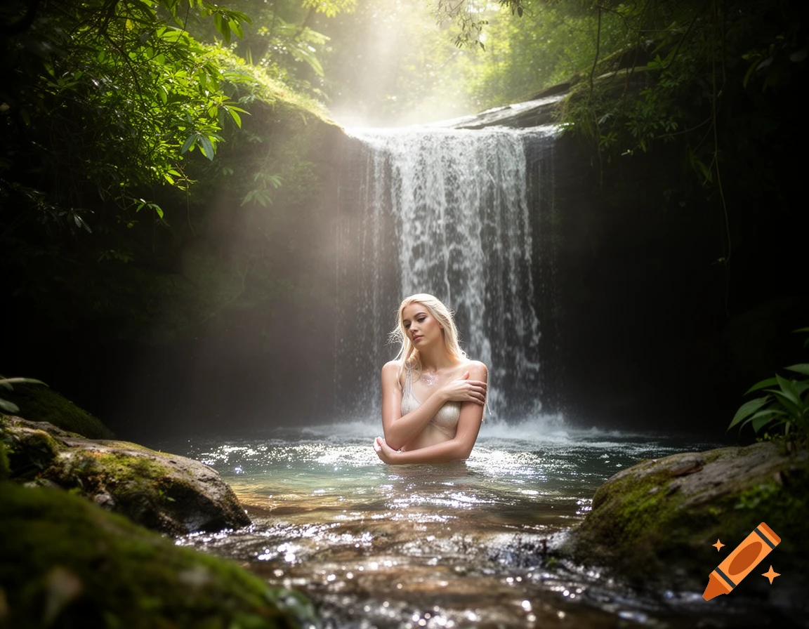 A blonde woman in a light-colored top stands in a tropical waterfall, surrounded by lush greenery and sunbeams.