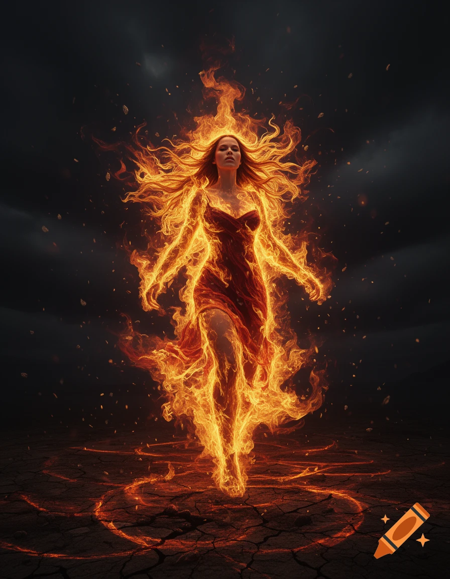 A dramatic digital art image of a woman engulfed in swirling orange flames, standing on cracked earth under a dark sky.