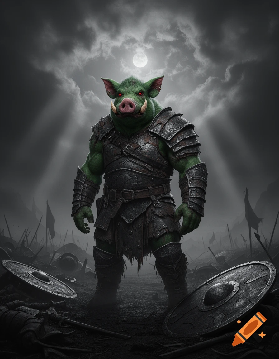 A menacing green pig-like warrior in dark armor with red eyes stands on a misty battlefield under a full moon.