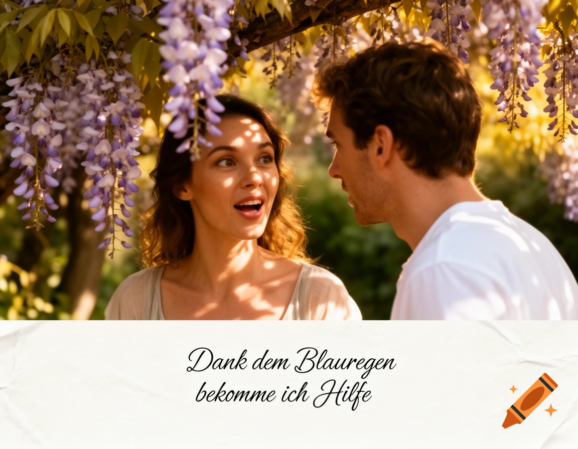 A man and woman gaze at each other in a sunlit garden with purple wisteria flowers, with text below.
