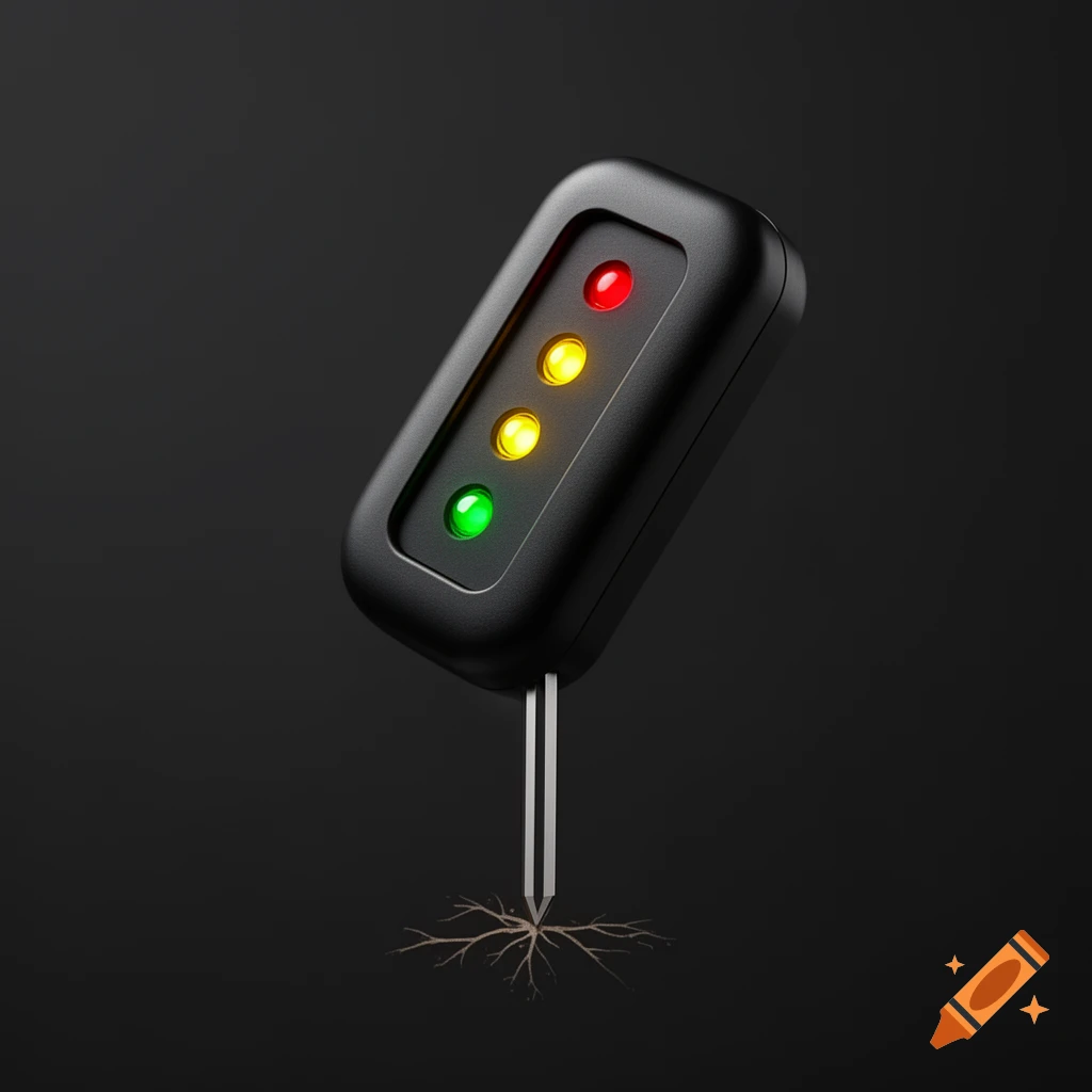 A sleek black plant moisture sensor with red, yellow, and green indicator lights, its probe inserted into small roots, on a dark background.