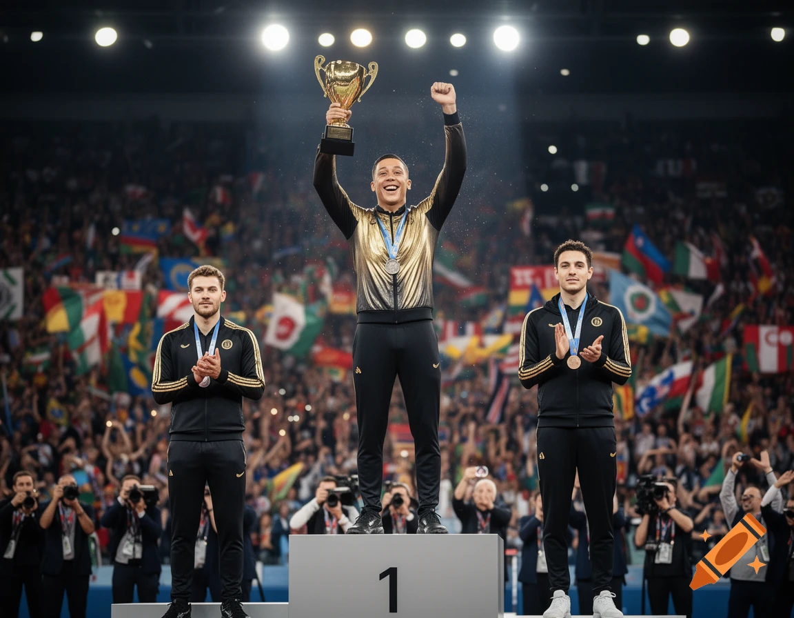 Three male athletes on a winners' podium in a stadium. The central athlete holds a trophy high, two others wear medals.