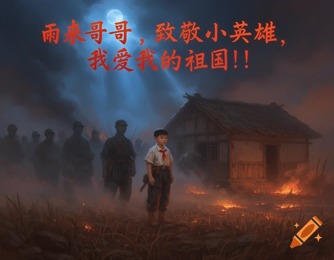 A child stands heroically in a war-torn field with shadowy soldiers and a burning hut under a full moon, featuring prominent red Chinese text.