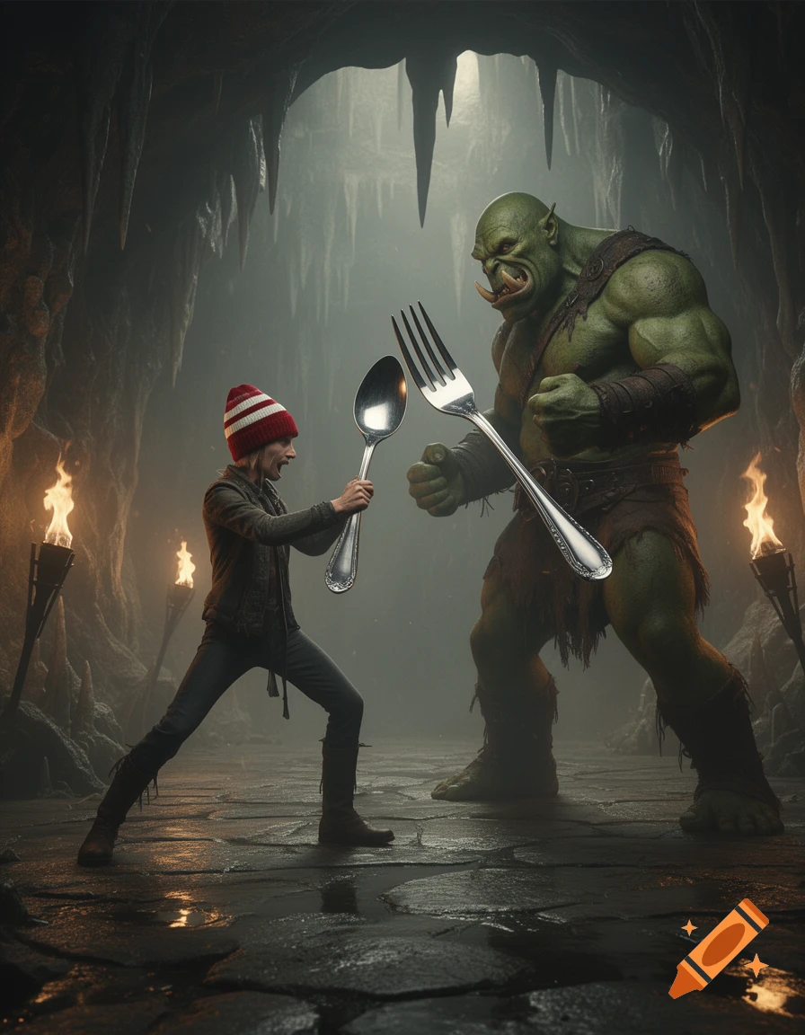A person with a spoon confronts a large green orc with a fork in a torch-lit cave.
