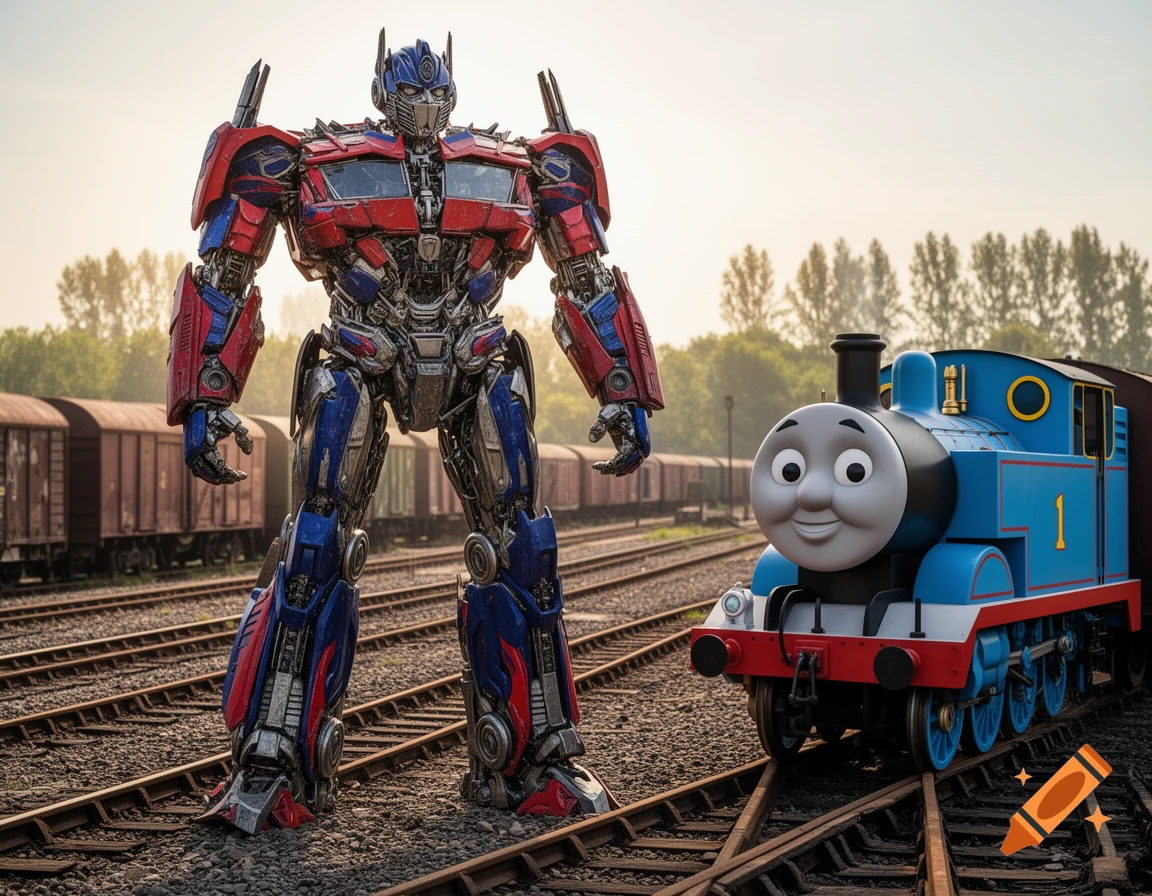 Photorealistic Optimus Prime stands on train tracks next to Thomas the Tank Engine in a dusty rail yard.