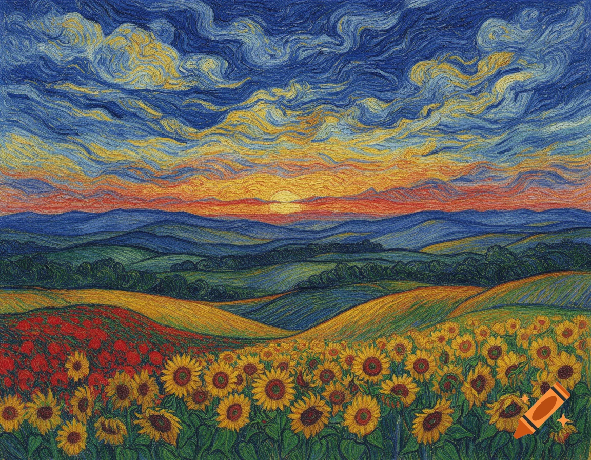 Vibrant Van Gogh-style landscape with fields of sunflowers and red flowers under a swirling sunset.