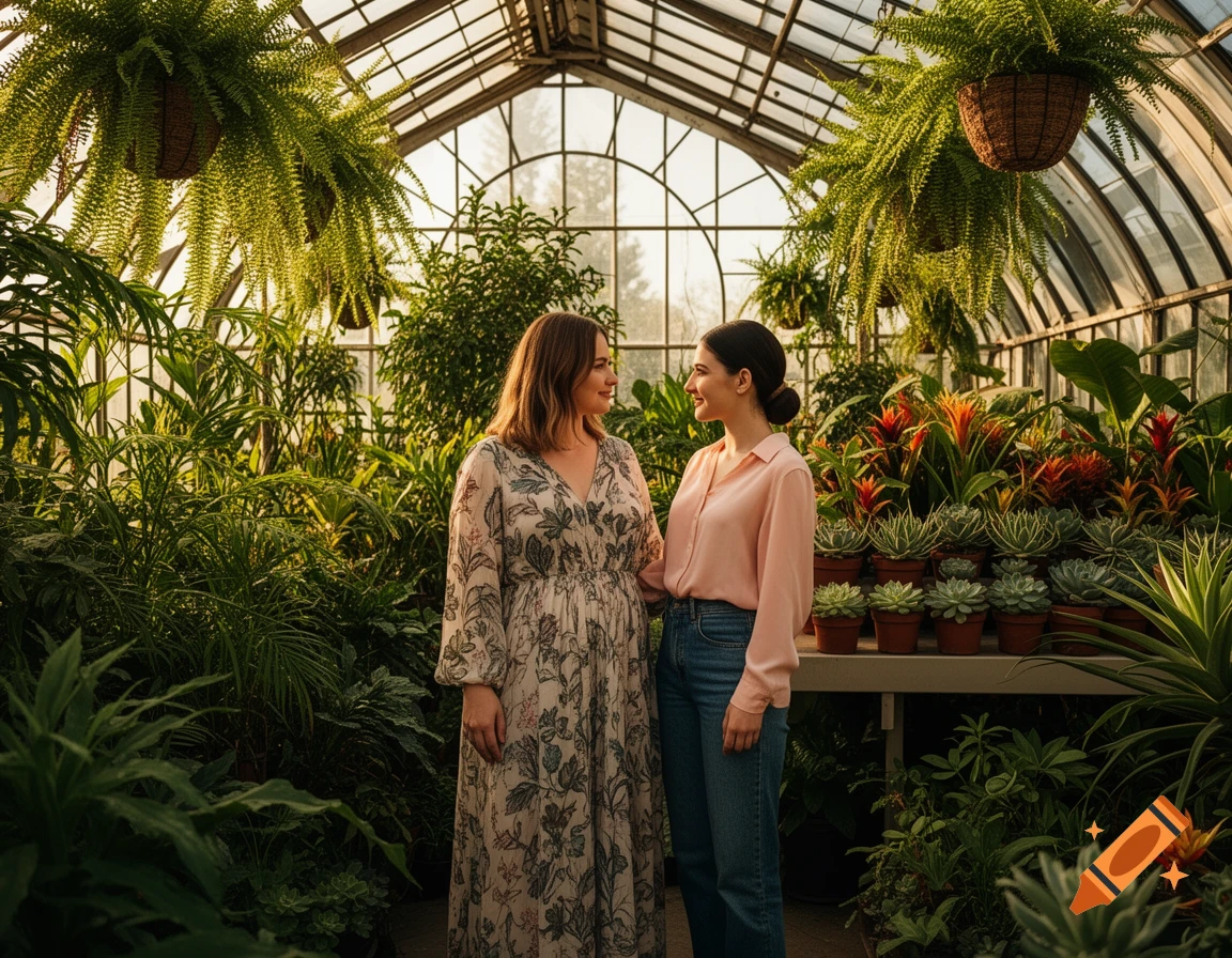 Two women stand side by side in a lush, sunlit greenhouse, surrounded by a variety of green plants and hanging ferns.