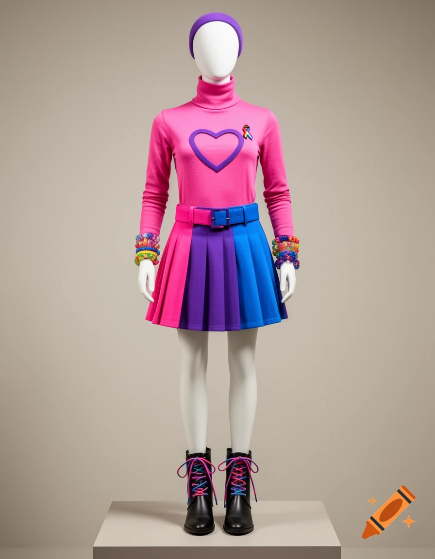 A mannequin wears a pink turtleneck with a heart, a pleated pink, purple, and blue skirt, matching belt, purple headband, colorful bracelets, and black boots with vibrant laces.