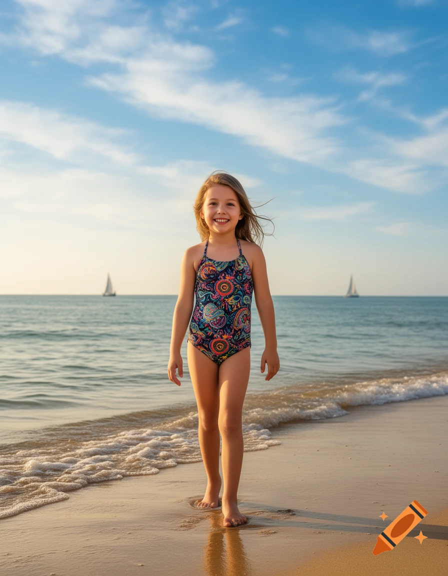 A smiling young girl in a colorful swimsuit walks barefoot on a sandy beach by the ocean under a blue sky.