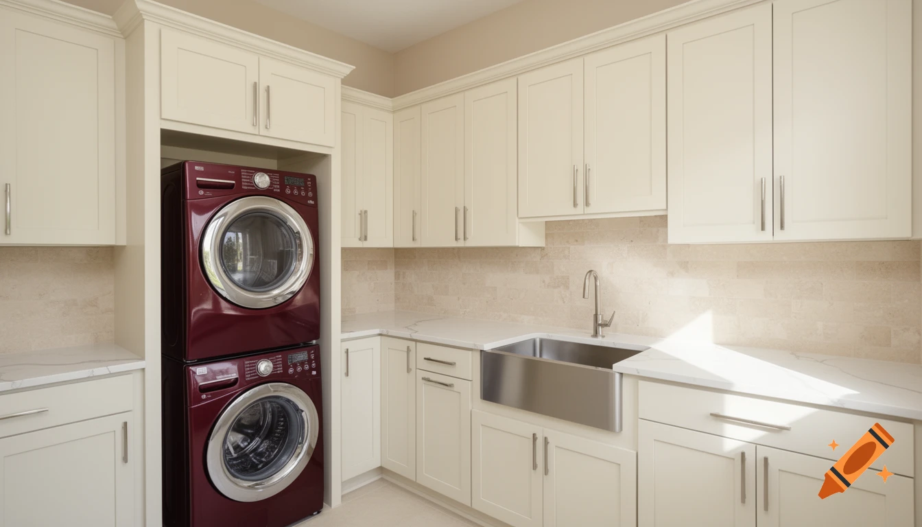 Bright modern laundry room with cream shaker cabinets, white quartz counters, stainless steel sink, and dark maroon washer and dryer.