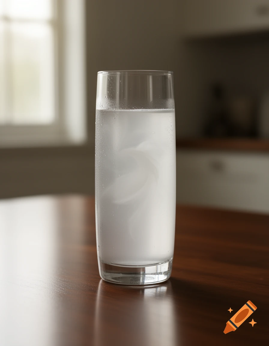 A tall glass filled with cloudy white liquid and ice sits on a reflective wooden table, with a blurred window and kitchen behind it.