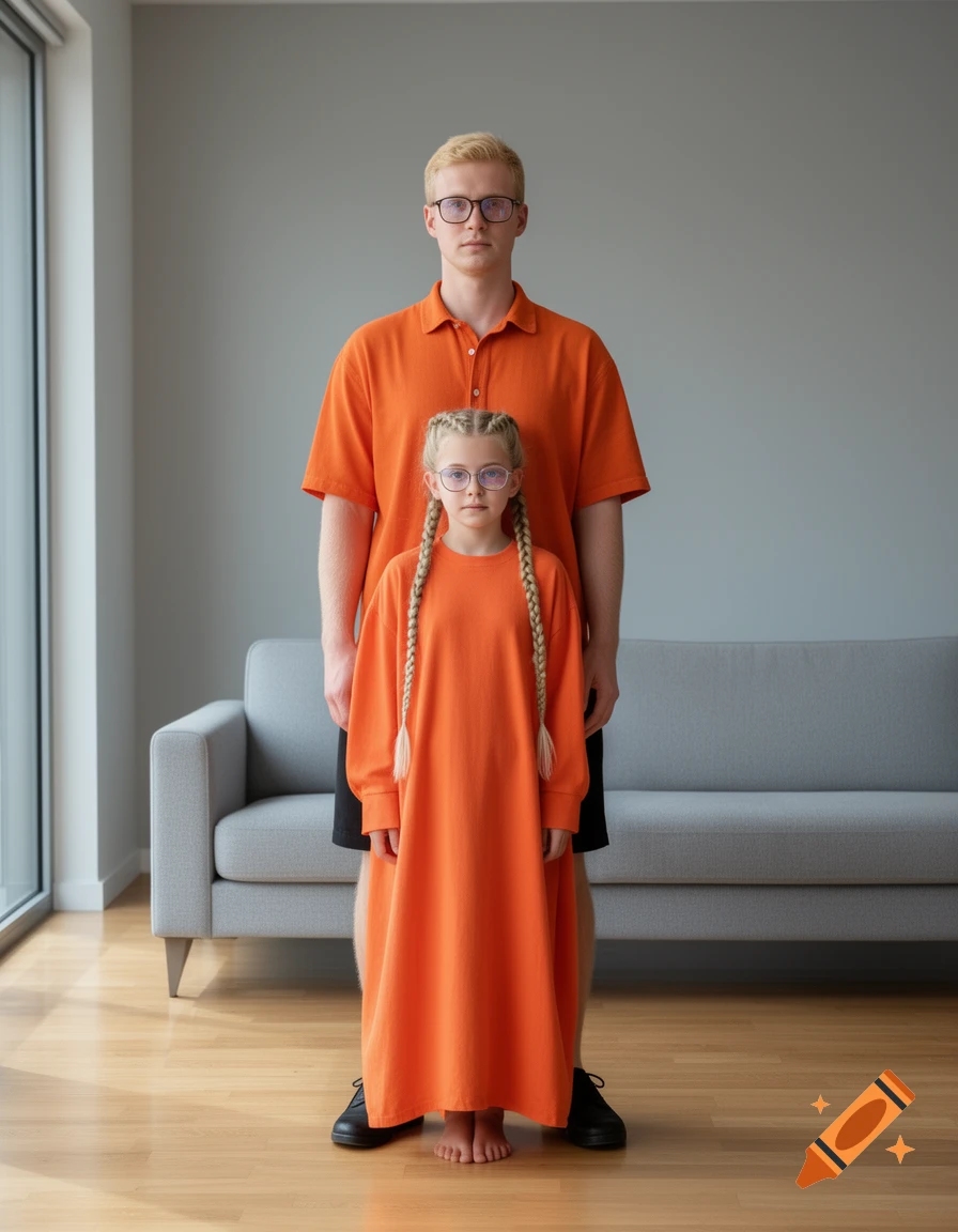 A man and a young girl, both with blonde hair and glasses, wearing orange tops, stand in a room in front of a gray couch.