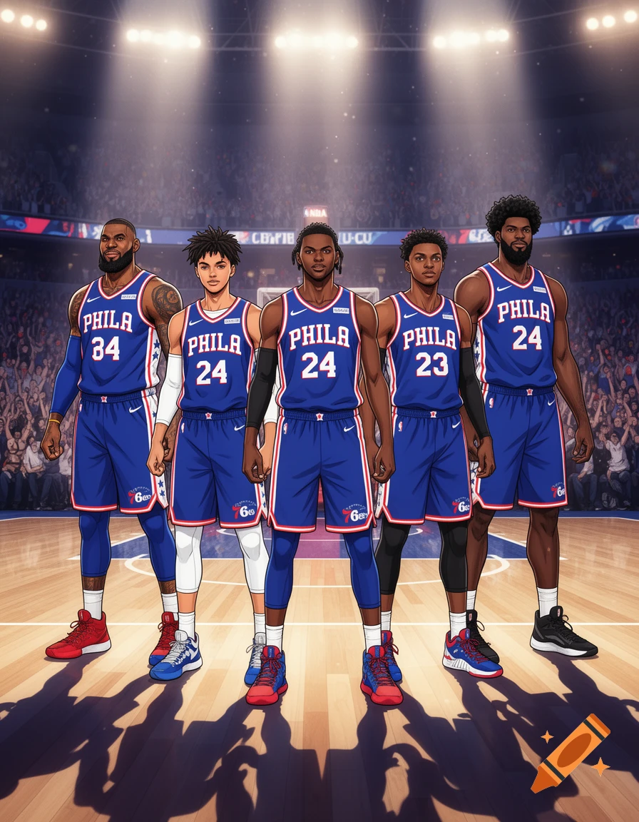 Manga anime style illustration of five NBA basketball players in blue and red Philadelphia 76ers jerseys standing on a court.