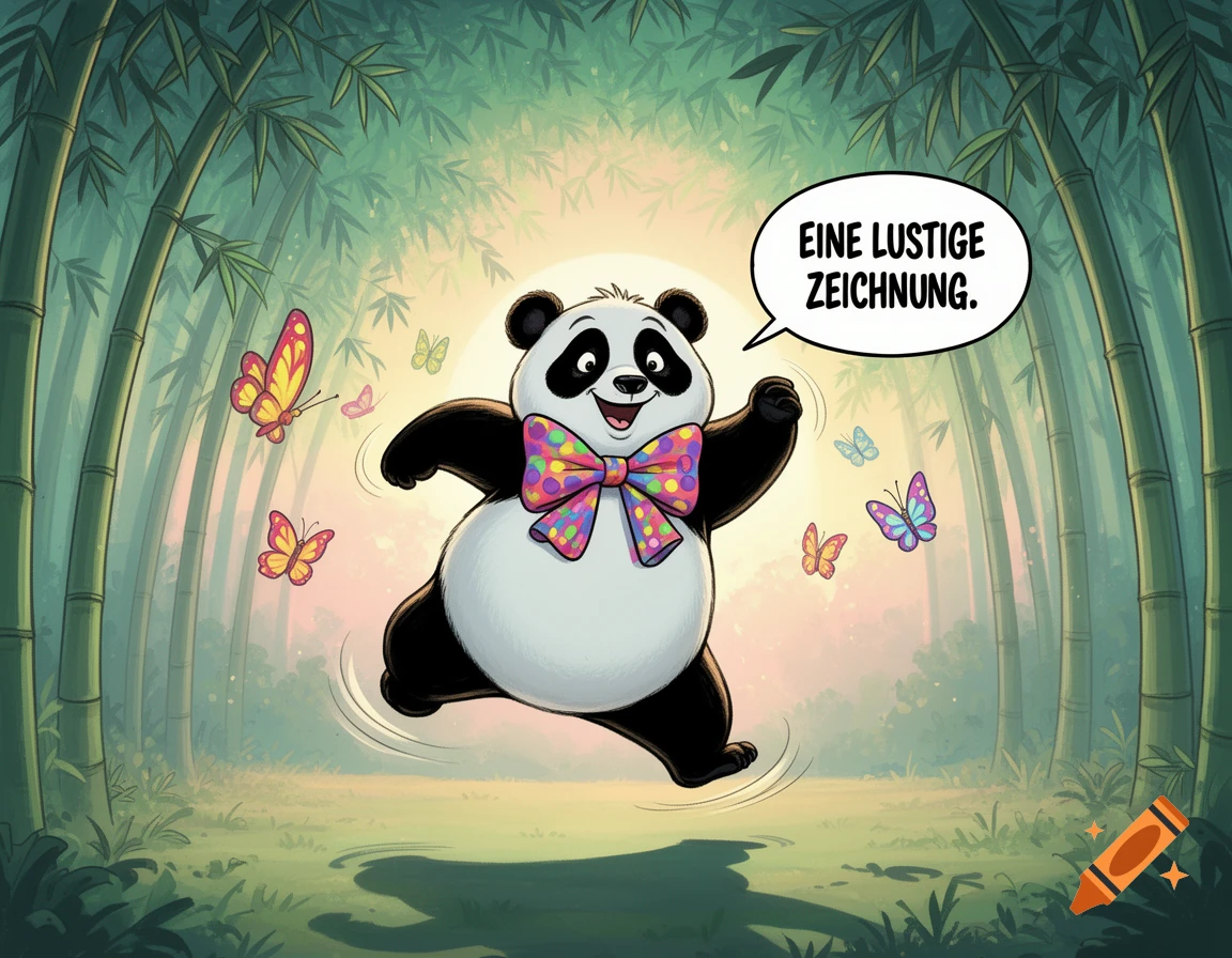 Cheerful cartoon panda with colorful bow tie jumps in a sunny bamboo forest with butterflies, speech bubble says 'A funny drawing'.