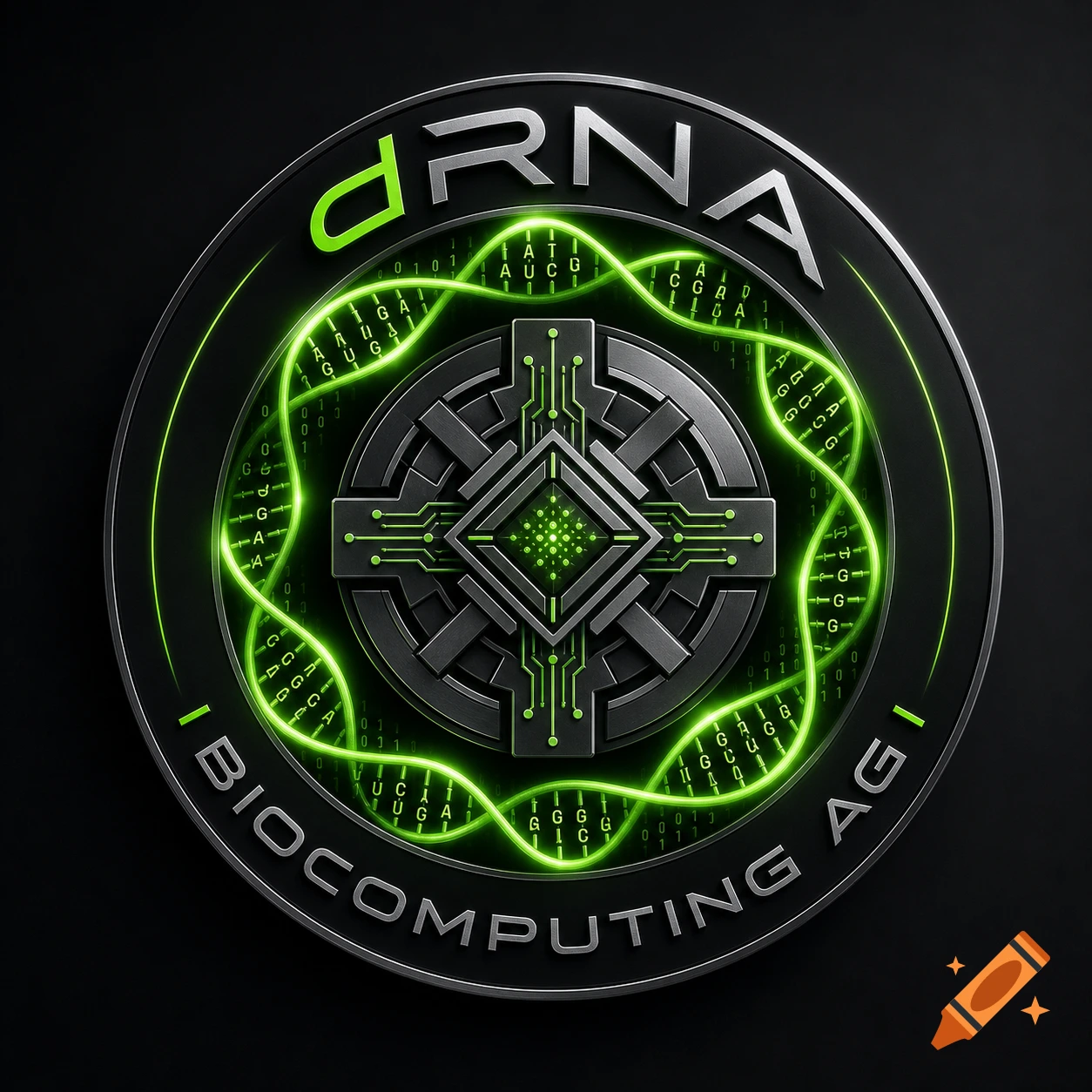 Sleek corporate logo for 'dRNA Biocomputing AG' with a quantum processor core, glowing digital RNA code, in green and metallic graphite.