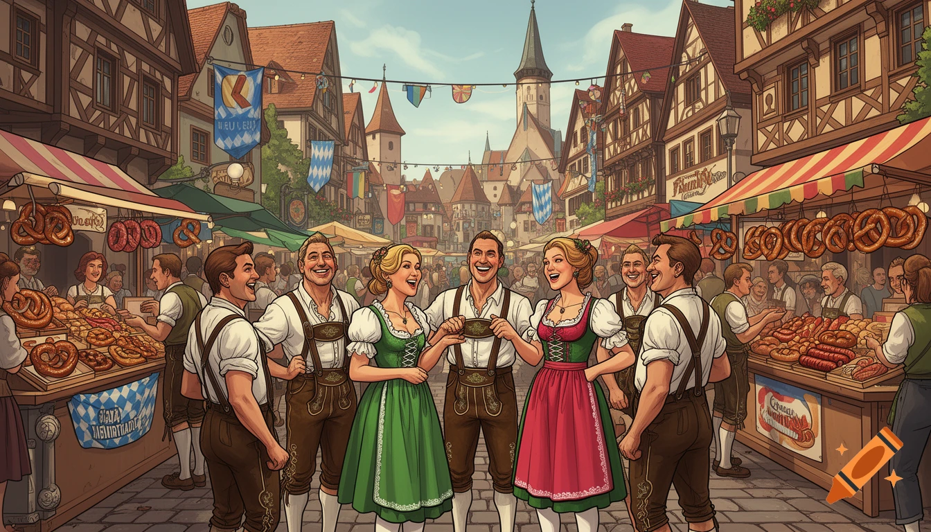 A vibrant cartoon illustration of a lively Bavarian market scene with people in traditional clothing, food stalls, and festive banners under a clear sky.