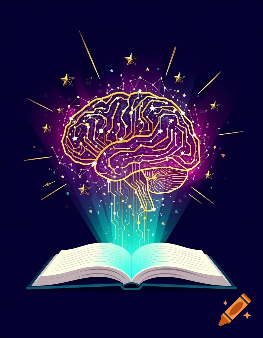 A stylized open book with glowing pages, emitting a beam of light that forms a circuit-like brain with stars and constellations.
