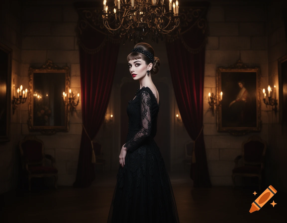 A woman in a black lace gown stands in a dimly lit, ornate gothic room with chandeliers and red curtains.