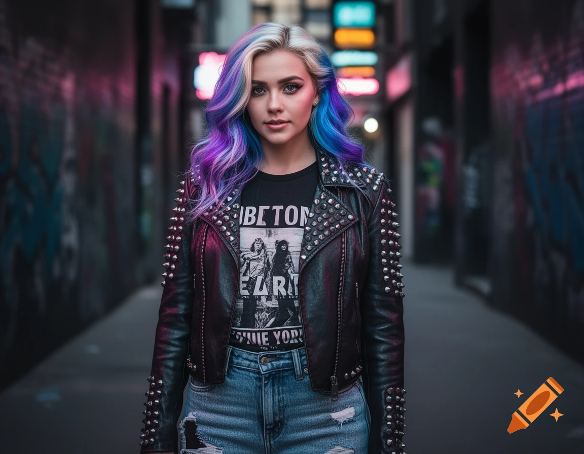 Photorealistic portrait of a woman with blue and purple hair, wearing a studded leather jacket and ripped jeans in a neon-lit alley.