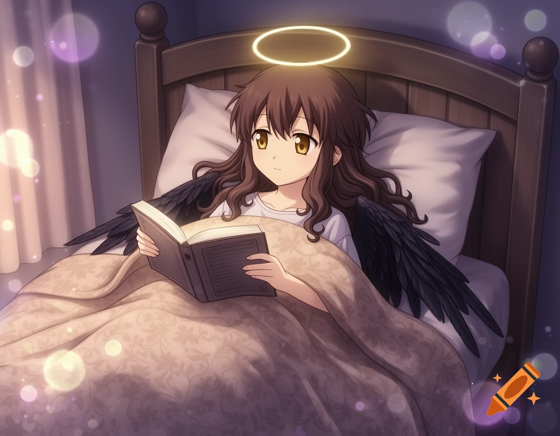 An anime girl with dark wings and a halo reads a book in bed, surrounded by soft light.