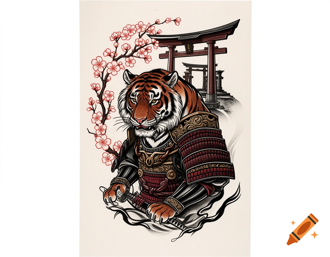 Stylized illustration of a tiger in samurai armor holding a sword, with cherry blossoms and torii gates in the background.