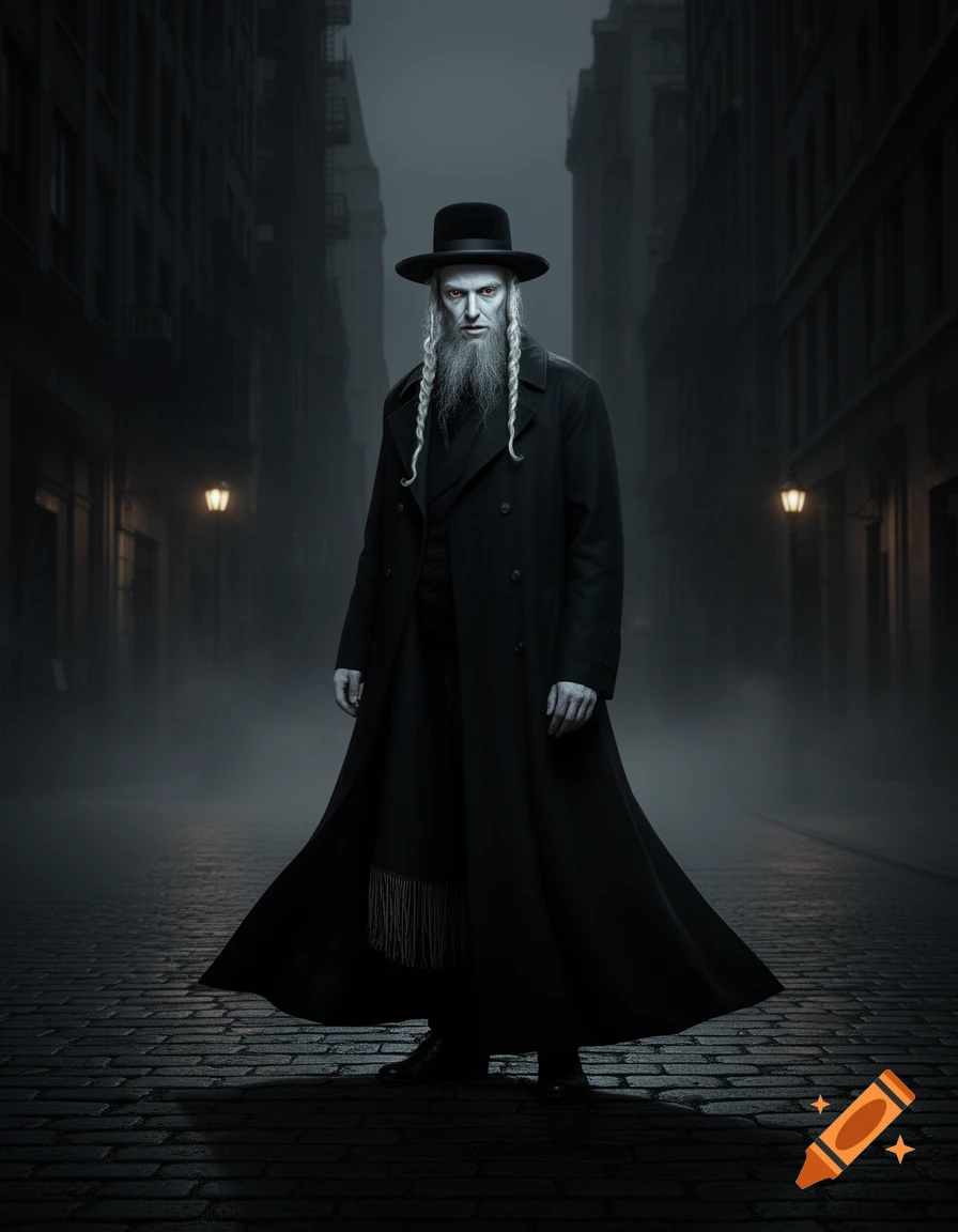 Photorealistic image of a pale-skinned vampire with a long white beard, sidelocks, black hat, and trenchcoat, standing on a foggy, dark cobblestone city street with red eyes.