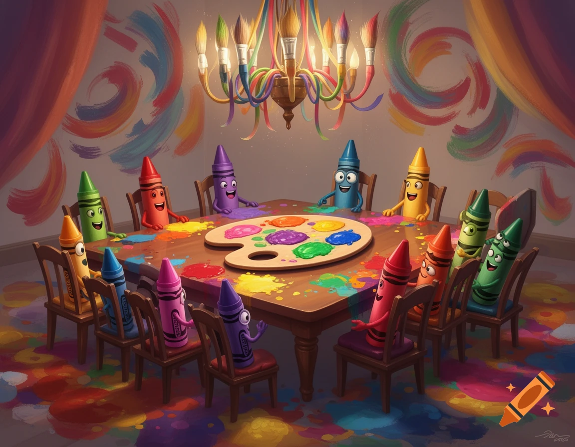 Smiling cartoon crayons sit around a paint-splattered table with a palette, under a paintbrush chandelier in a colorful room.