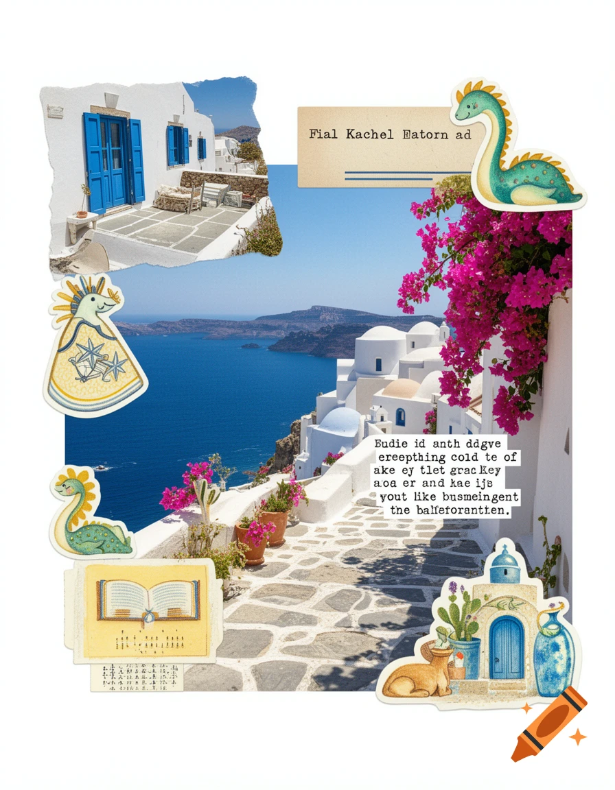A summery collage featuring white Greek buildings with blue accents, bright pink bougainvillea, and the blue Aegean Sea. It includes stickers of a friendly green dinosaur, a stylized white bird, an open book, and a small Greek-style building with a deer.