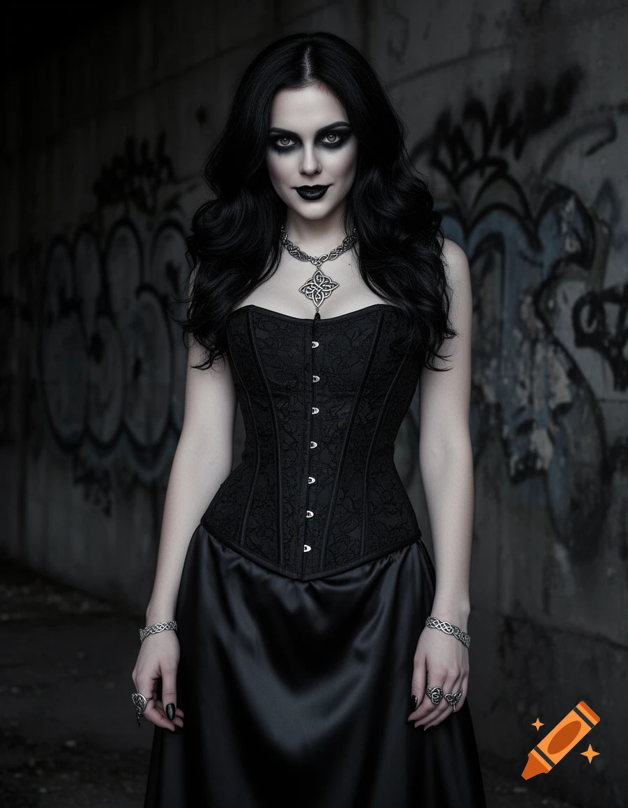 A goth woman with long black hair, dark makeup, black corset, and a black skirt, standing against a graffiti wall.