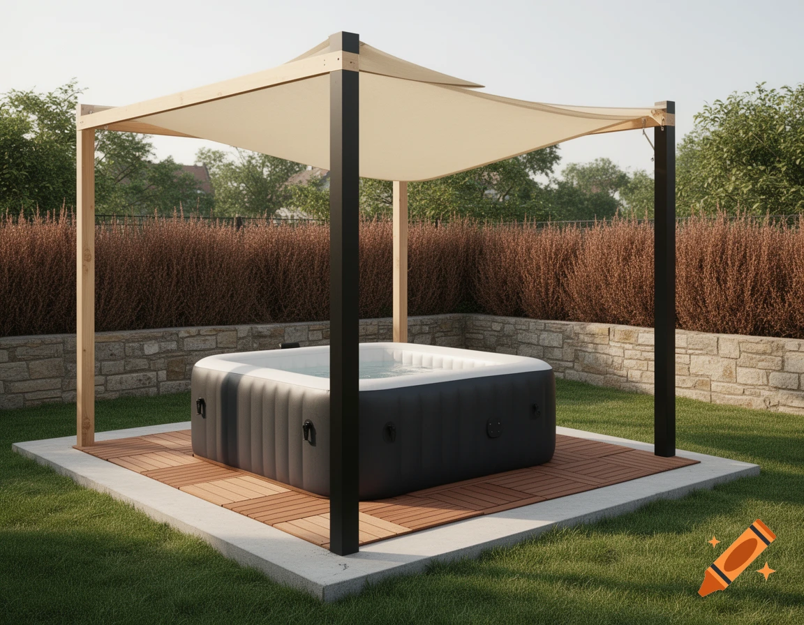 A square inflatable hot tub sits on wooden composite tiles under a minimalist canopy with a beige shade cloth in a backyard.
