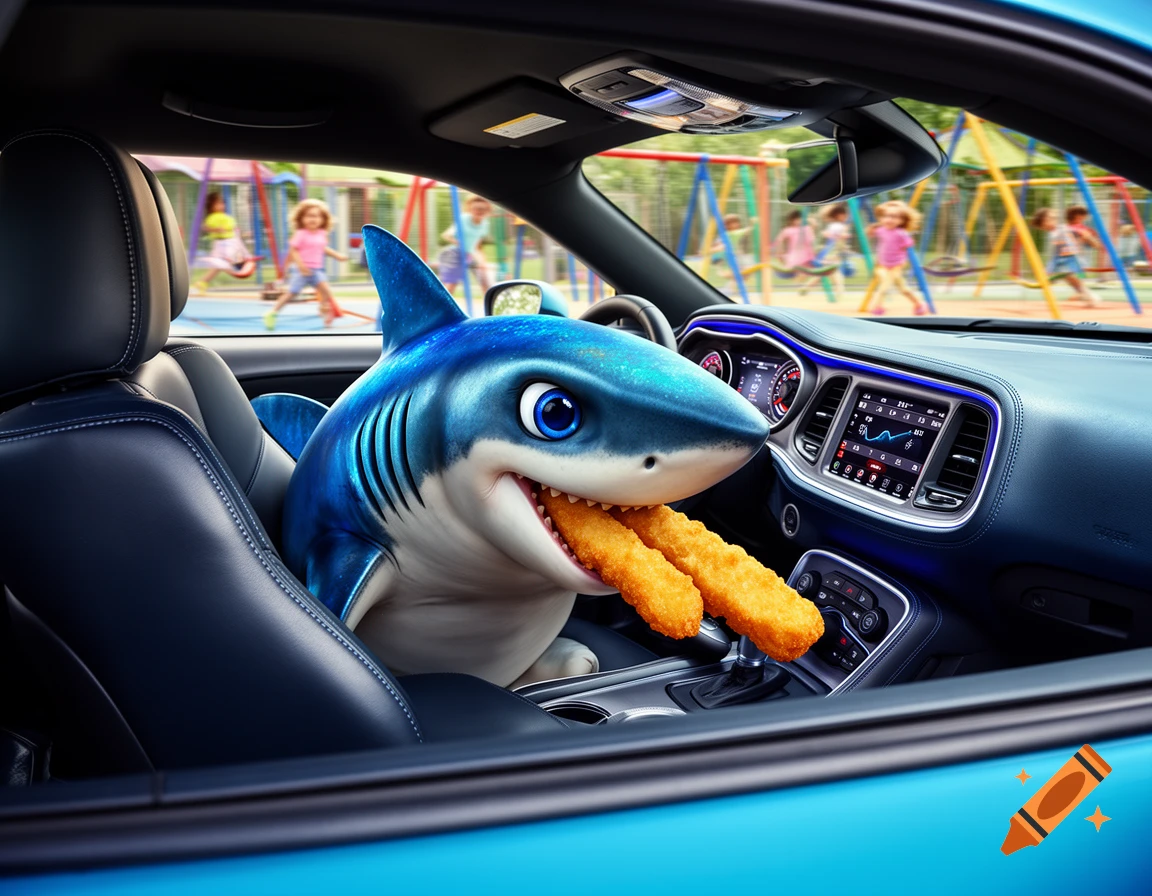 A cartoon baby shark in the driver's seat of a blue car, eating fish sticks, with a blurry playground in the background.