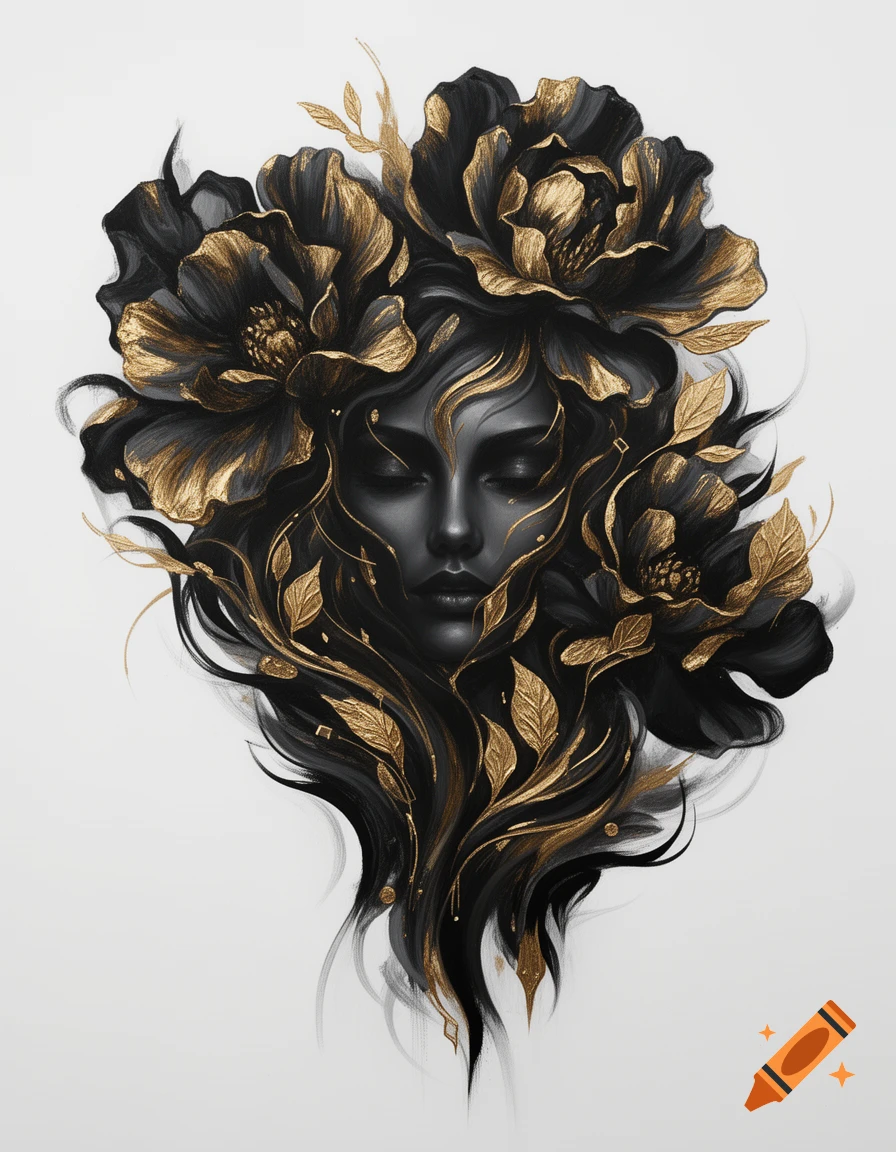 Abstract fine-art portrait of a mysterious woman's head in black and gold, intertwined with large elegant flowers and flowing hair.