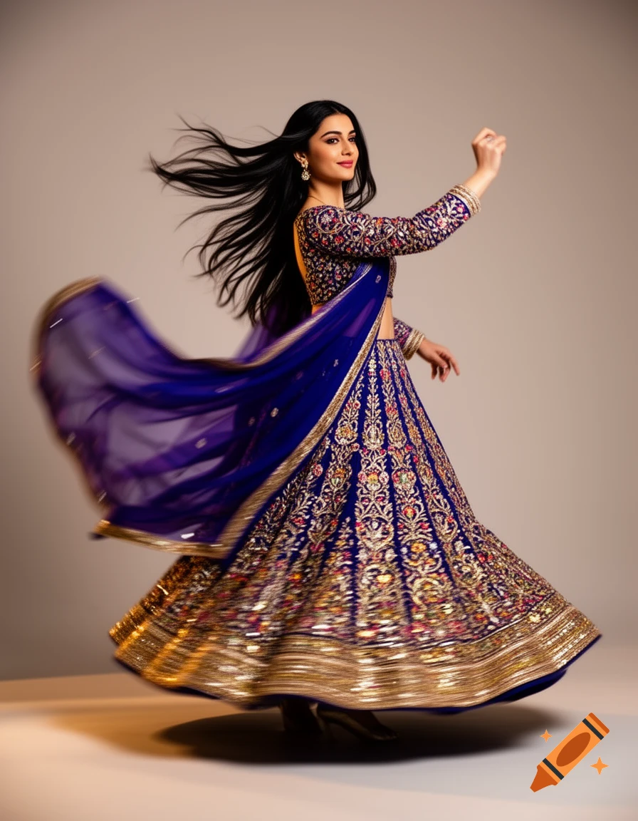 A woman in a vibrant blue and gold embroidered traditional dress with a flowing dupatta dances, her long black hair swirling.