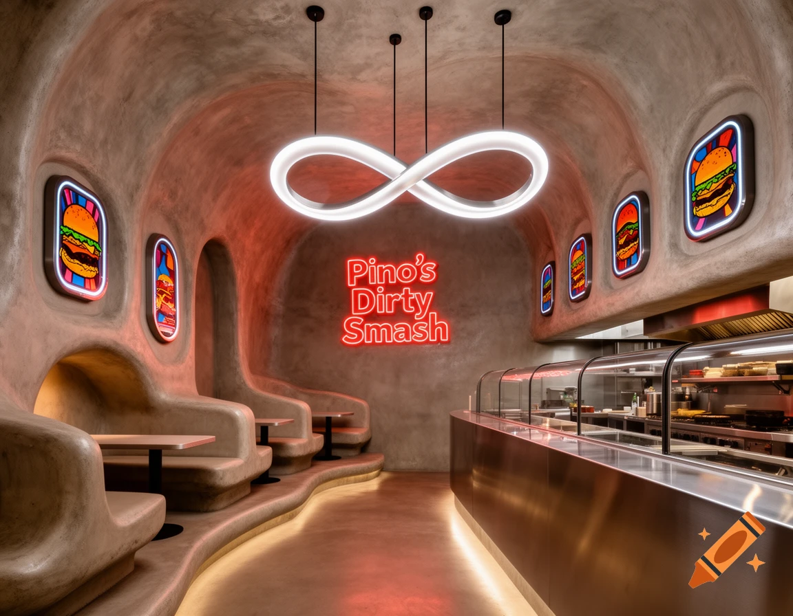 Photorealistic interior of a modern, cave-like burger joint with a 'Pino's Dirty Smash' red neon sign, infinity symbol light, and burger art.