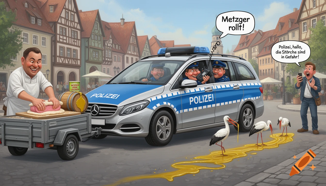 A cartoon showing a police car towing a trailer where a butcher makes liver cheese rolls. Two laughing officers are inside, one speaking into a radio saying "Metzger rollt!". Yellow mustard leaks from a barrel on the trailer, forming a trail that three storks are pecking at. A man holding a phone exclaims, "Polizei, hallo, die Störche sind in Gefahr!"
