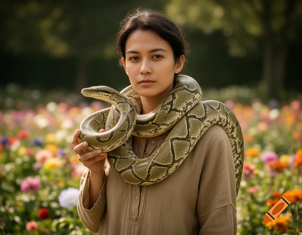 A person with dark hair and a neutral expression holds a large python draped around their neck, standing in a vibrant flower field.