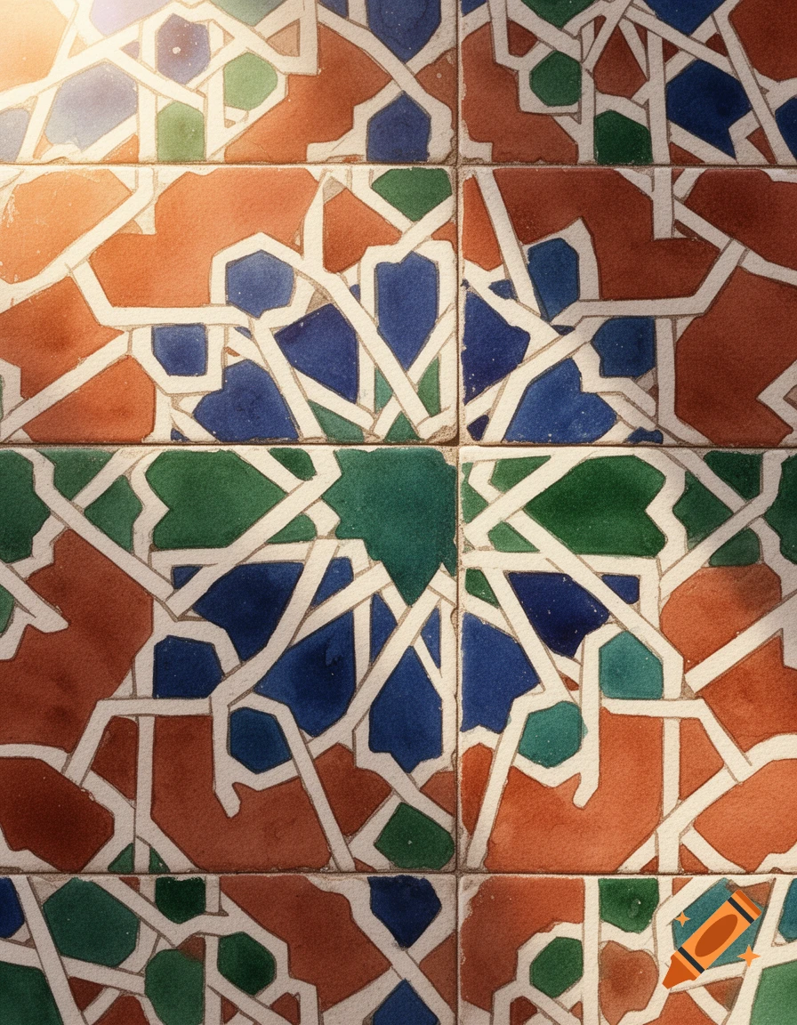 Watercolor painting of a traditional Moroccan zellige mosaic with geometric patterns in red, blue, green, and white.