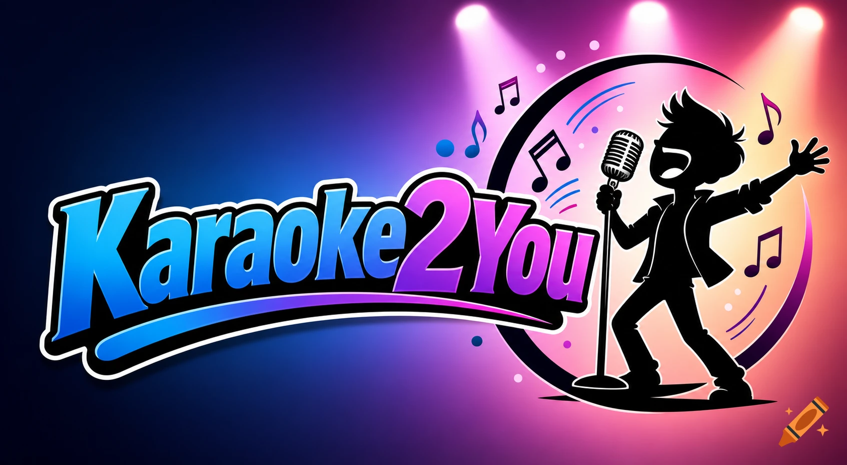 Cartoon logo for 'Karaoke2You' featuring a black silhouette of a person singing into a microphone under spotlights with musical notes.
