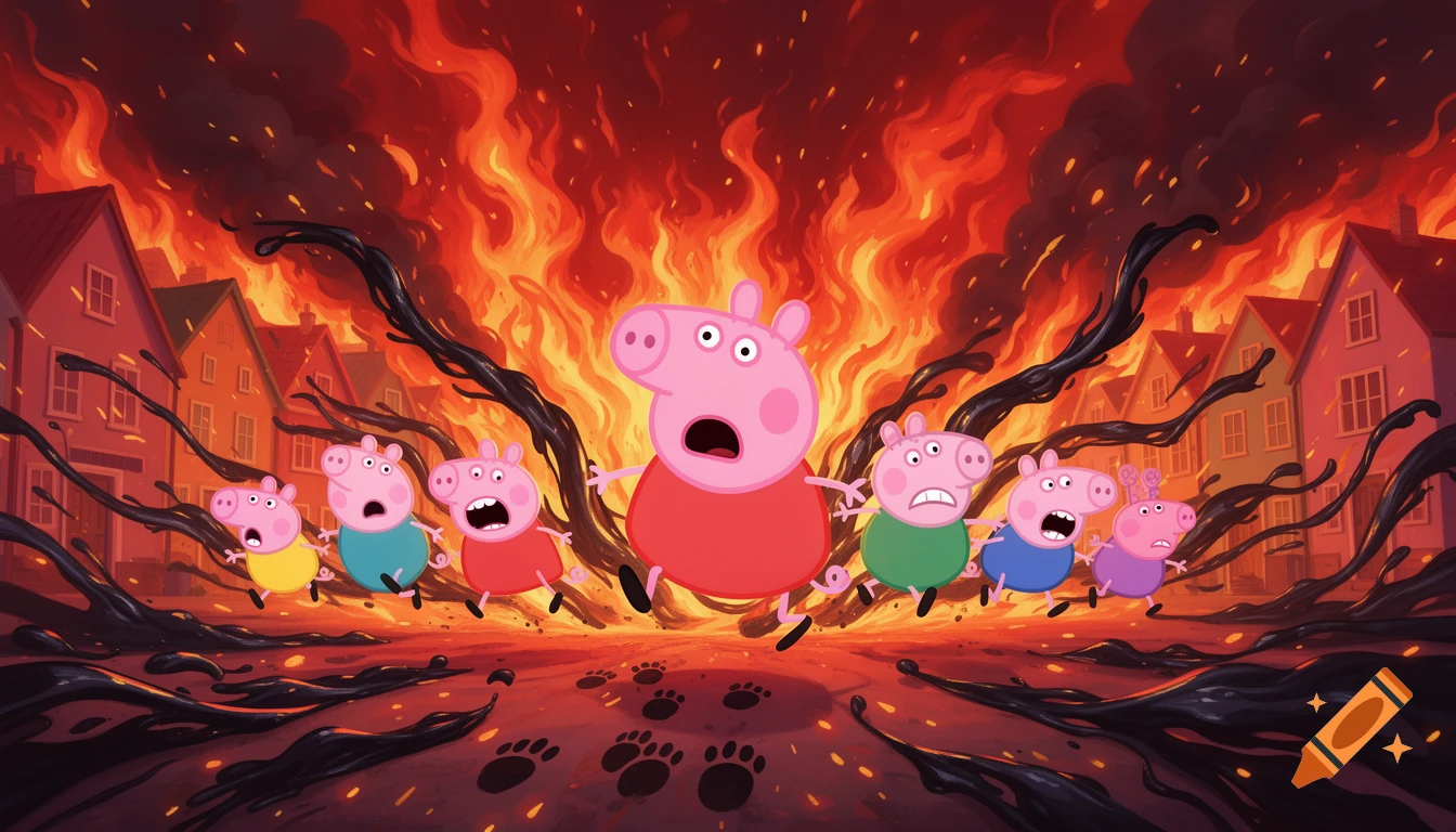 Peppa Pig and friends run from black goo and a burning town in a vibrant cartoon style.