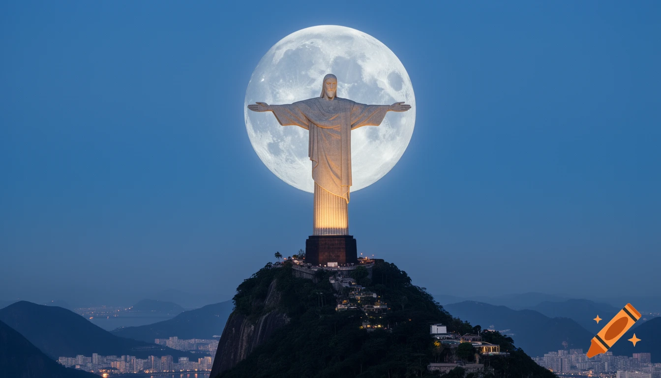 Photorealistic Christ the Redeemer statue at twilight on a mountain, a huge full moon positioned behind it, overlooking a city skyline.