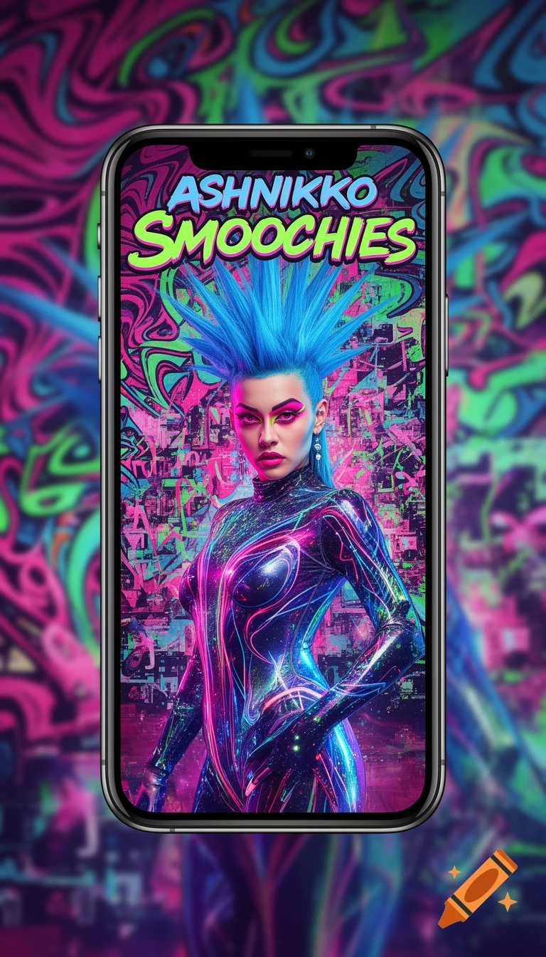 A phone screen displays a woman with spiky blue hair and a glowing, futuristic suit against a vibrant, abstract background, with 'ASHNIKKO SMOOCHIES' text above her.