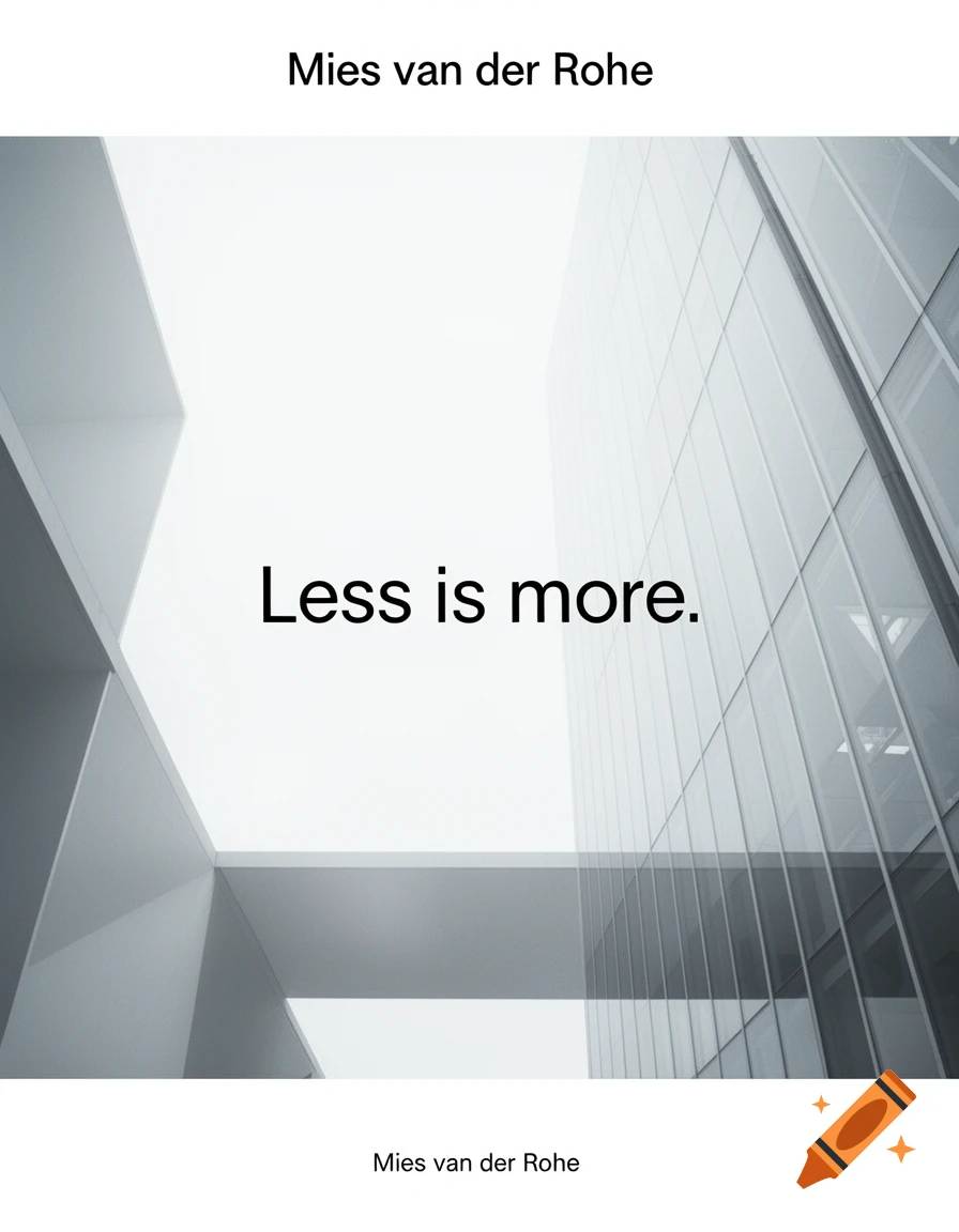 Minimalist architectural poster with a modern building and text 'Less is more.' and 'Mies van der Rohe' on a white background.