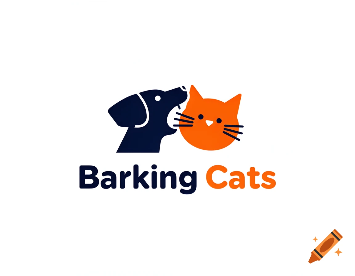 Minimalist logo featuring a blue dog barking at an orange cat, with the text 'Barking Cats' below.