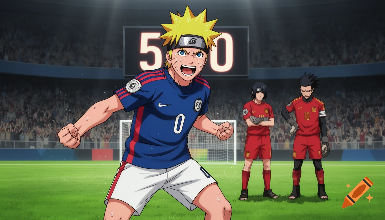 Naruto in a blue soccer jersey celebrates a 5-0 lead against two dejected opponents in a stadium, anime style.