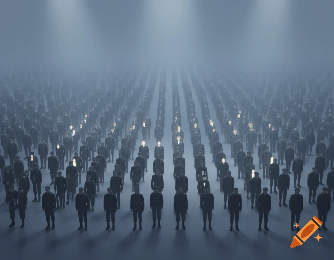 A vast formation of uniformed figures in a foggy, stylized scene, with some figures illuminating brightly.
