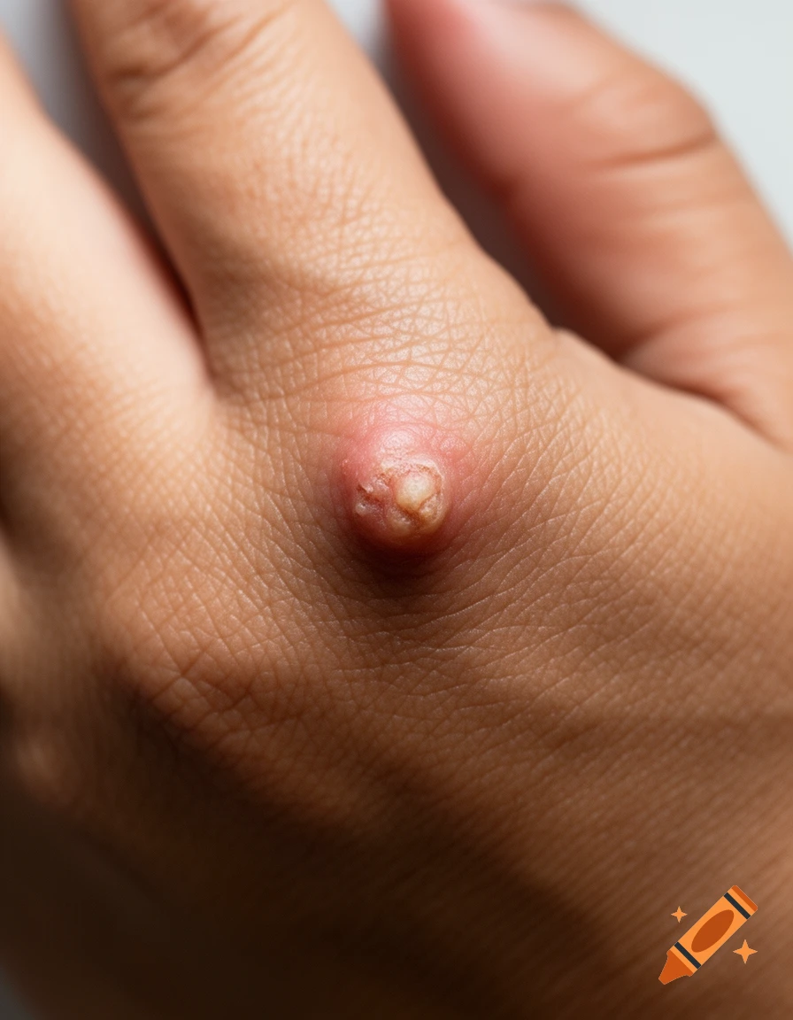 Close-up photorealistic image of a raised, reddish-yellow wart on the top of a hand between the thumb and index finger.