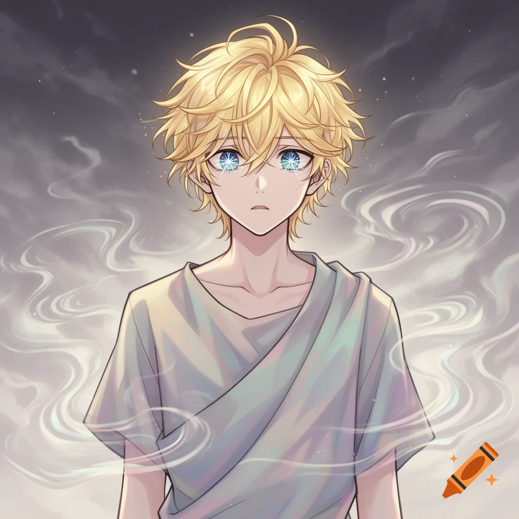 Blonde anime boy with glowing, star-like blue eyes and a solemn expression, against a smoky, cloudy background.