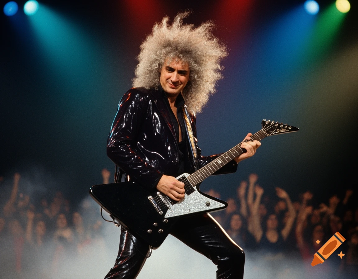 A male musician with wild curly gray hair in a shiny black outfit plays a black and silver electric guitar on a stage under colorful spotlights.